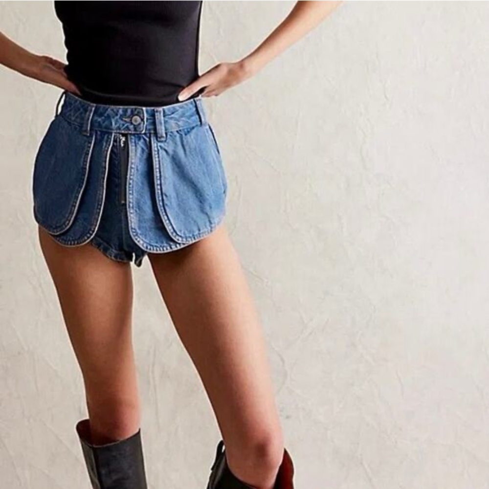 We The Free Blue Denim Scalloped Jean Shorts